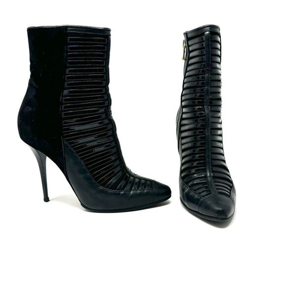 Balmain Black Patent Leather Velvet Stileto Heel Ankle Booties Sz 7 - Picture 2 of 9